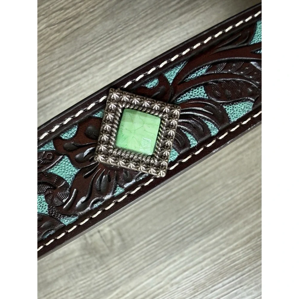 Ariat Girls Size 26 Western Leather Belt Turquoise Floral Tooled Concho Buckle